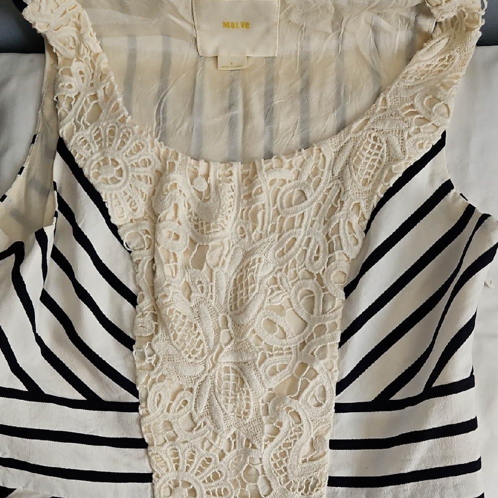 Maeve (Anthro) Black and White Striped Dress with Cream Lace - Picture 3 of 16